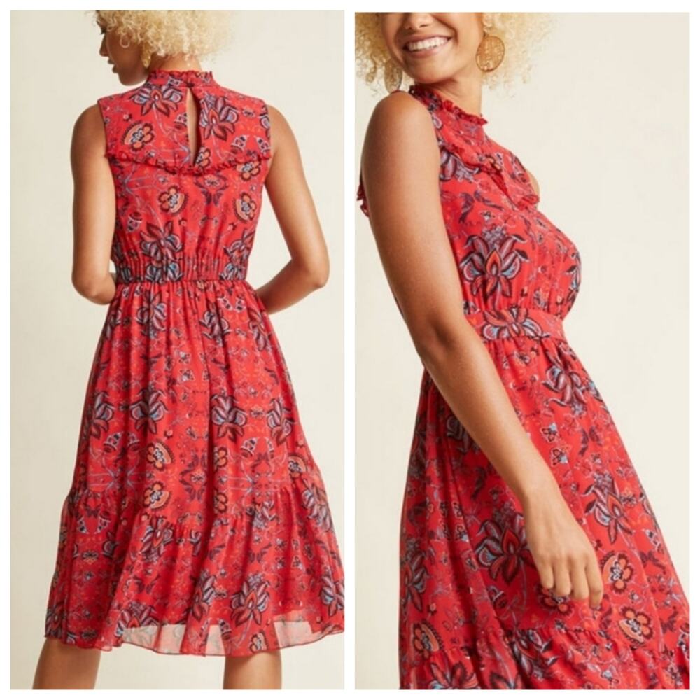 Modcloth Floral Print Ruffle High Neck Tiered Dress